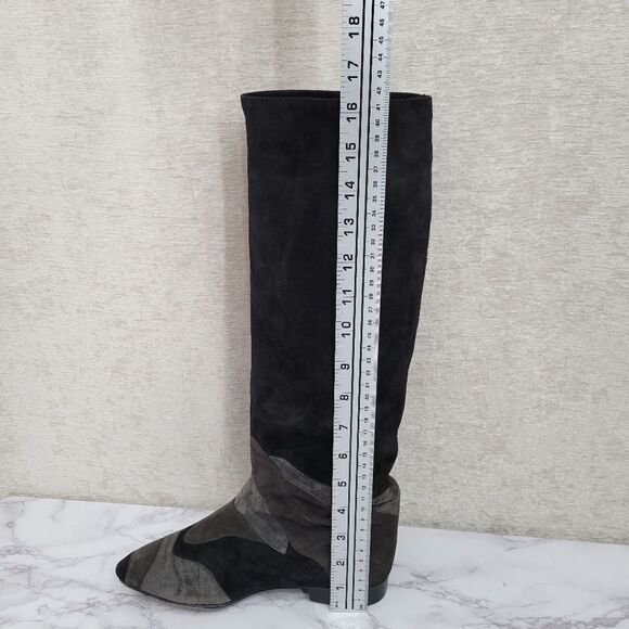 Mario Valentino Vintage 80s 90s Black Gray Tall Pull On Suede Knee High Boots - Picture 11 of 13